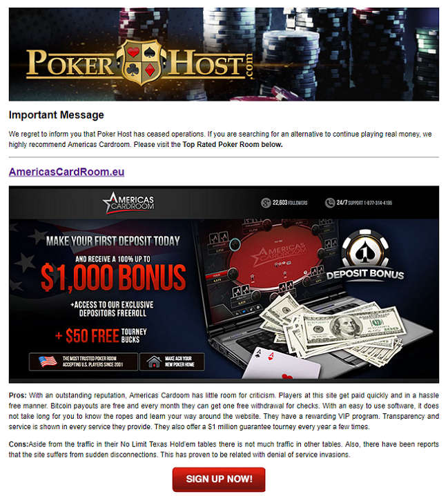 PokerHost Website Message to Would-be Customers